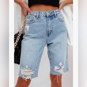 Women's Stretchy Ripped Cuffed Hem Jean Bermuda Shorts